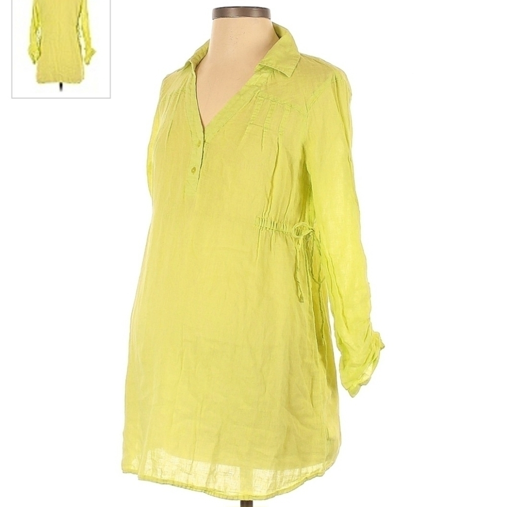 Old Navy Maternity Yellow Green Collared Henley Tie Waist Tunic Top Size Small S